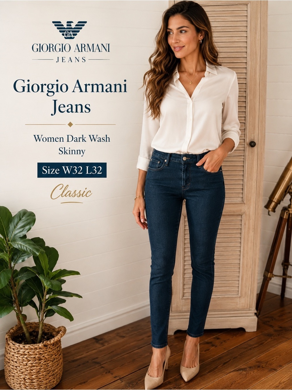 Giorgio Armani Jeans Women Dark Wash Skinny Size W32 L32 Classic Designer Denim